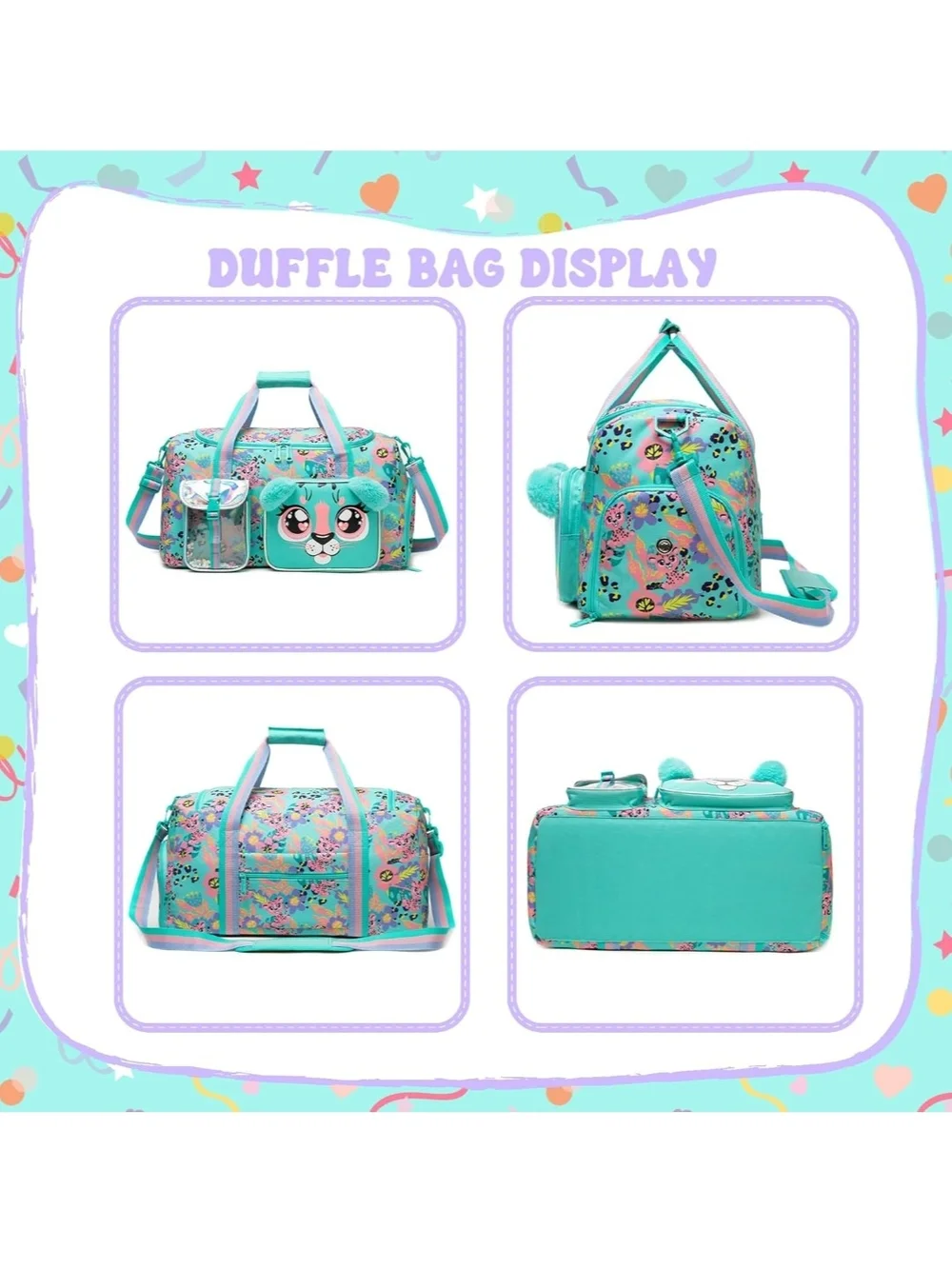 Kids Aqua Animal Print Duffel Bag with Plush Face Pocket
